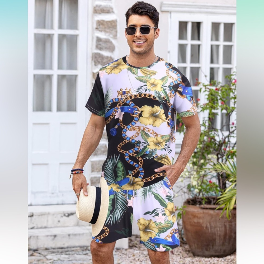 COOFANDY Men's 2 Piece Hawaiian T-Shirt Beach Floral Shorts Tracksuit | NEW!!🌺